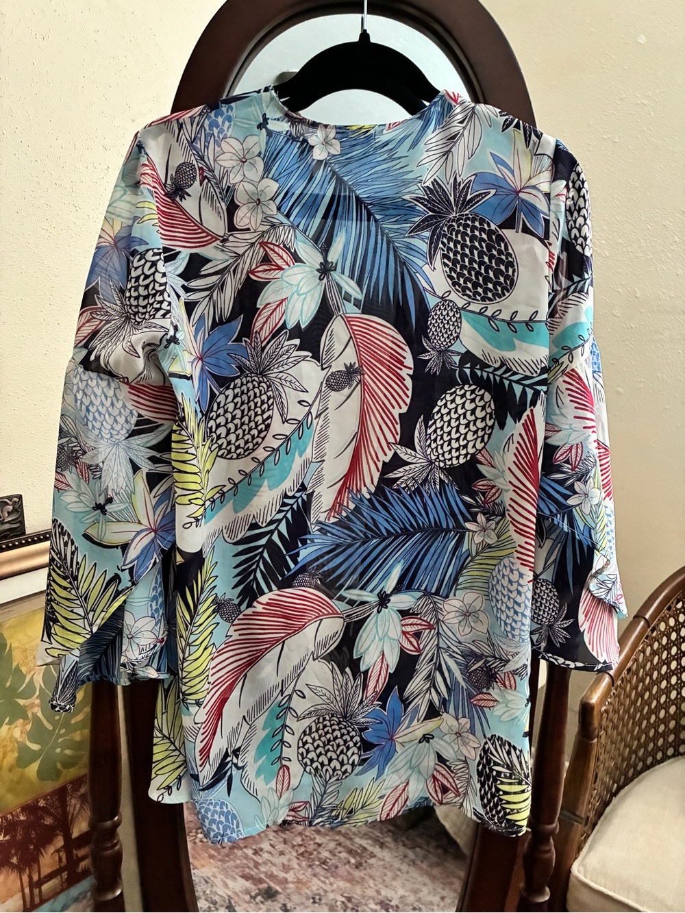 Chenault Tropical Pineapple Resort Cardigan Coverup Flutter Sleeve, Small, EUC - Picture 2 of 8